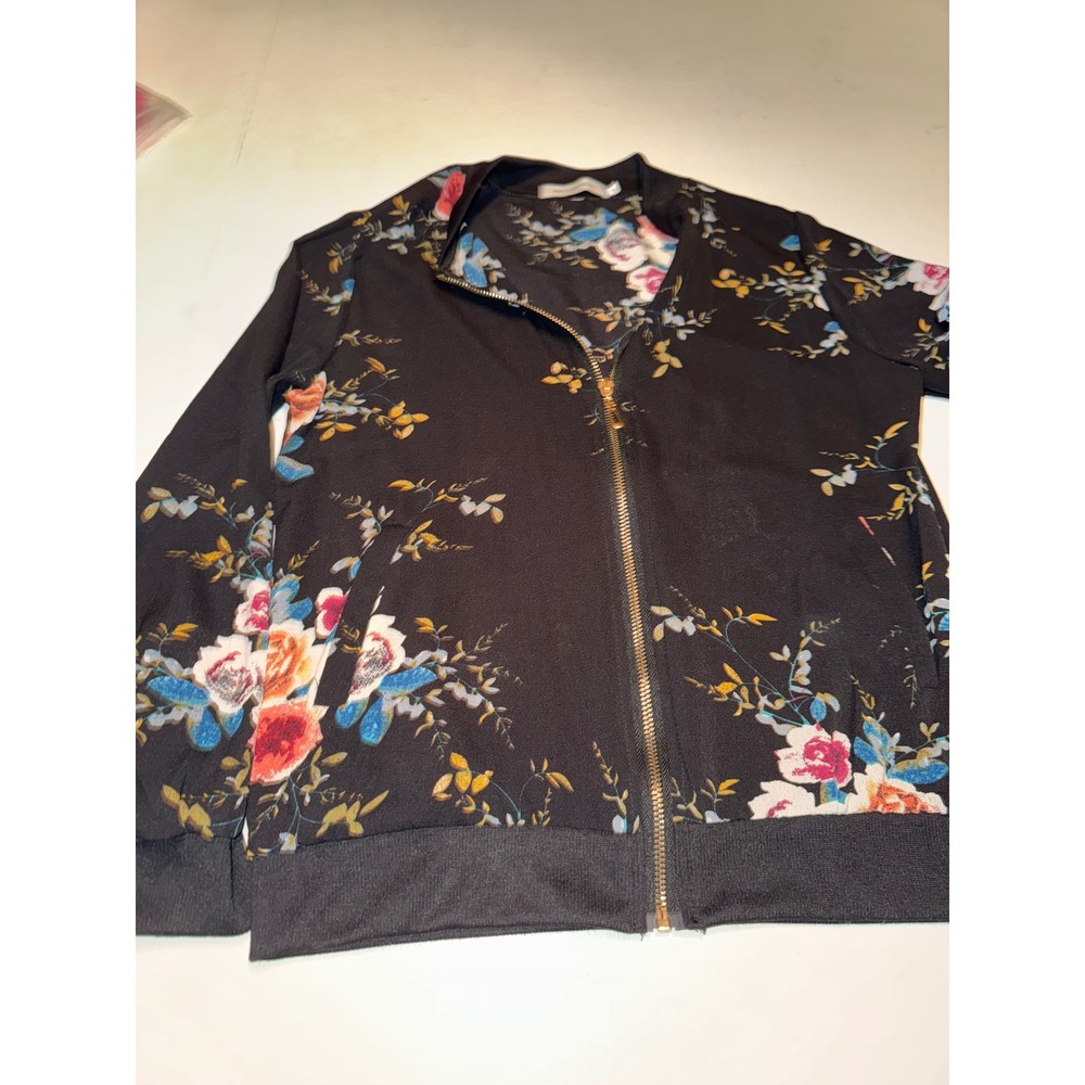 Hipster Row Floral Bomber Jacket Black Rose Print Zip Up Lightweight Small